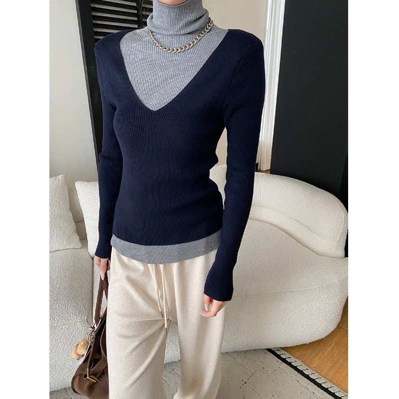 Fashionable Layered Color-Blocking Mock Two-Piece Turtleneck Slim Fit Long Sleeve Knit Top