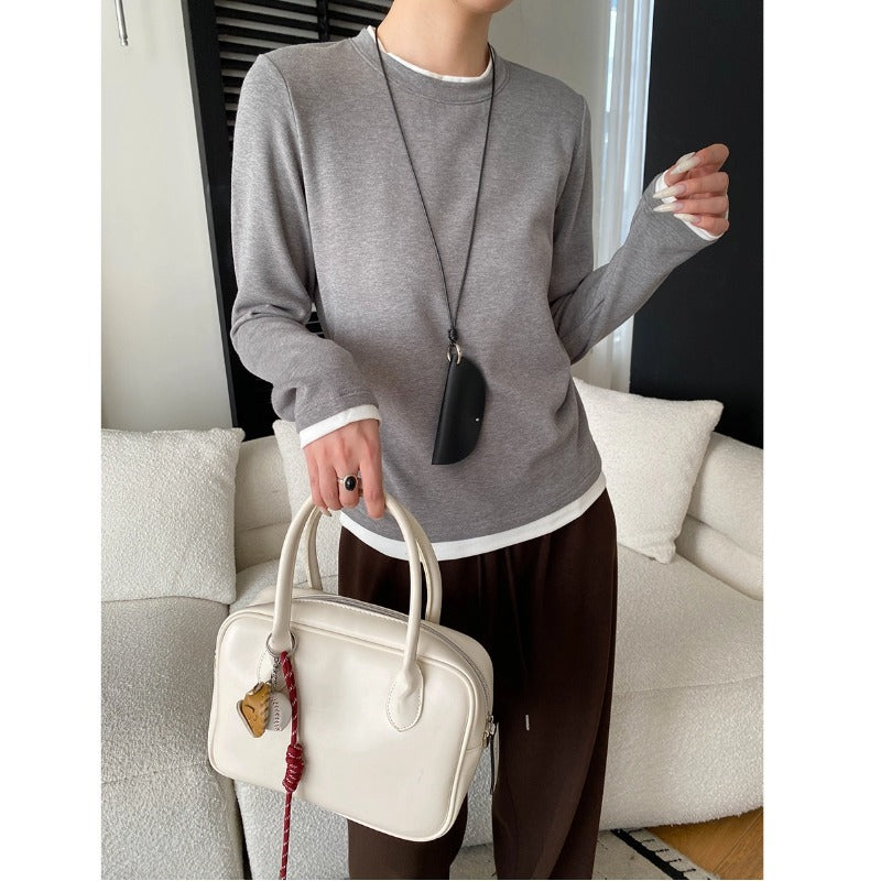 Fashionable Pleated Waist Cinched Two-Piece Color-Blocking T-Shirt Top