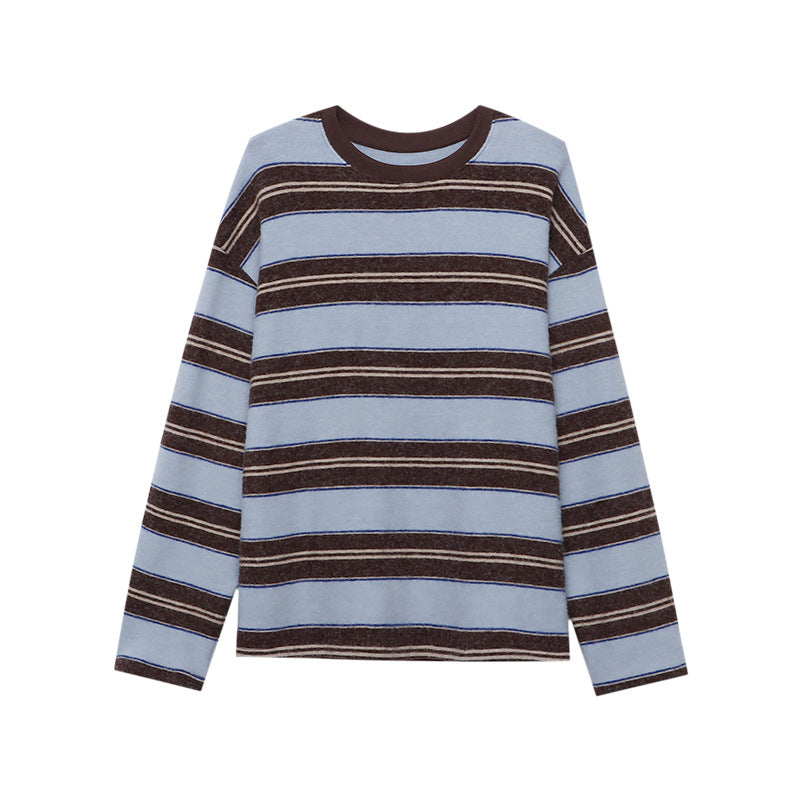 Laid-back Vibe American Color-block Stripe Crewneck Loose Slim Fit Brushed Long Sleeve T-shirt