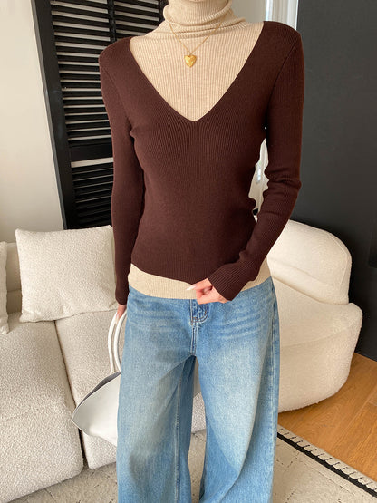 Fashionable Layered Color-Blocking Mock Two-Piece Turtleneck Slim Fit Long Sleeve Knit Top