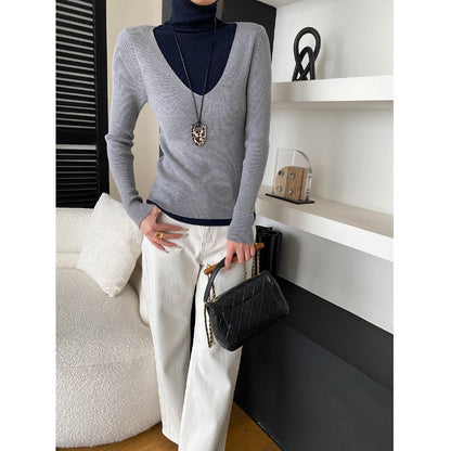 Fashionable Layered Color-Blocking Mock Two-Piece Turtleneck Slim Fit Long Sleeve Knit Top