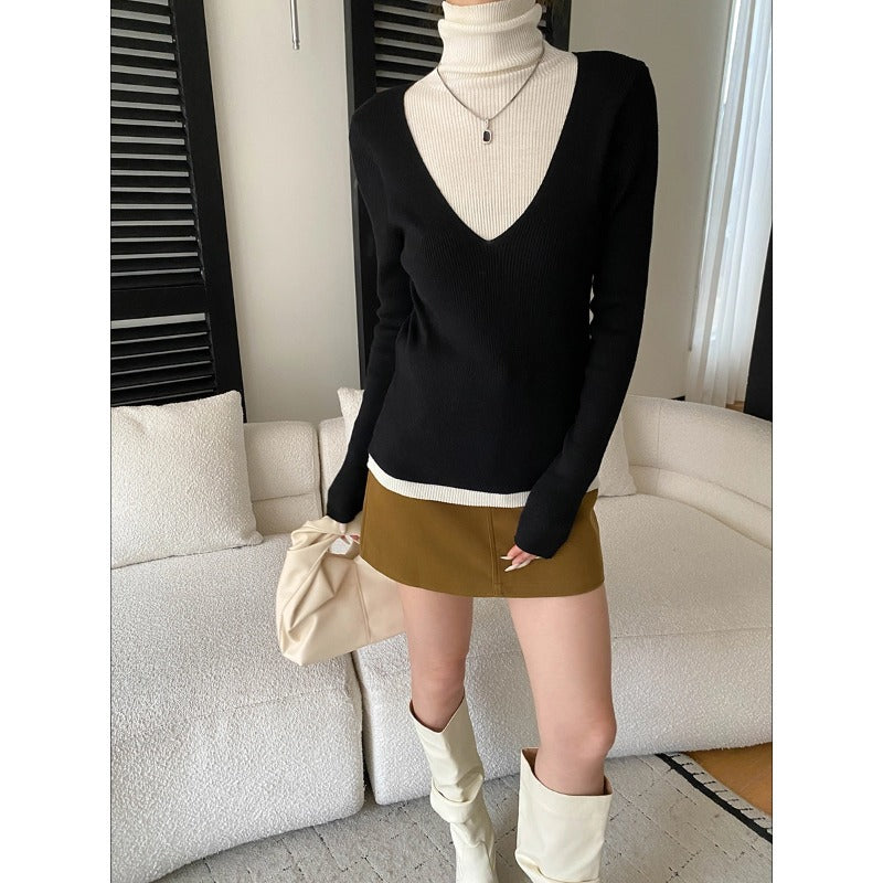 Fashionable Layered Color-Blocking Mock Two-Piece Turtleneck Slim Fit Long Sleeve Knit Top