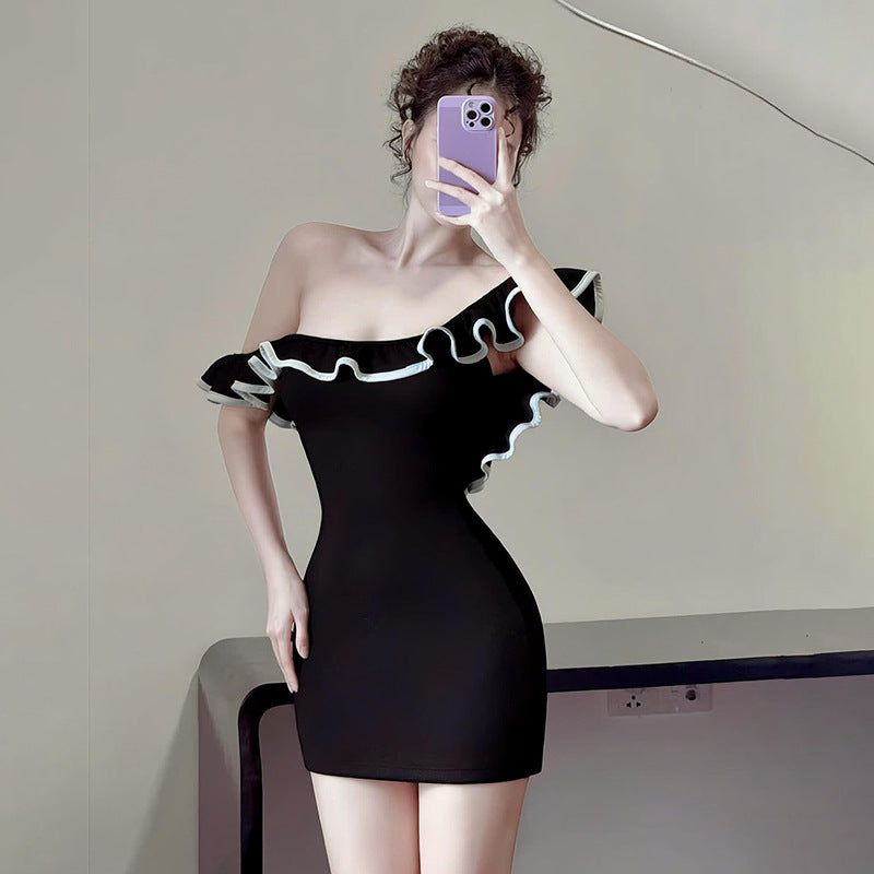 Color blocked one shoulder dress for women