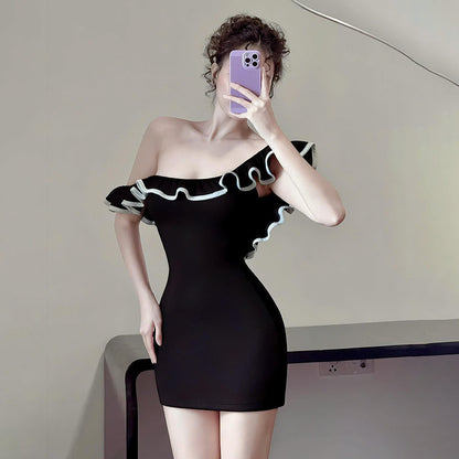 Color blocked one shoulder dress for women