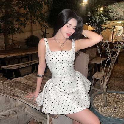 Elegant slim fit polka dot square neck vest A-list dress
