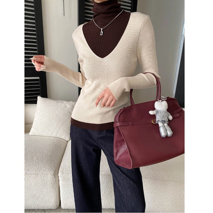 Fashionable Layered Color-Blocking Mock Two-Piece Turtleneck Slim Fit Long Sleeve Knit Top
