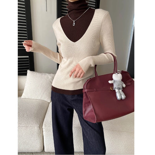 Fashionable Layered Color-Blocking Mock Two-Piece Turtleneck Slim Fit Long Sleeve Knit Top