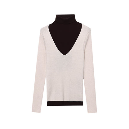 Fashionable Layered Color-Blocking Mock Two-Piece Turtleneck Slim Fit Long Sleeve Knit Top