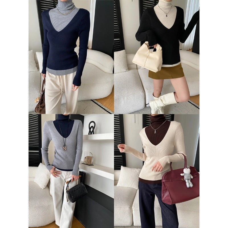 Fashionable Layered Color-Blocking Mock Two-Piece Turtleneck Slim Fit Long Sleeve Knit Top