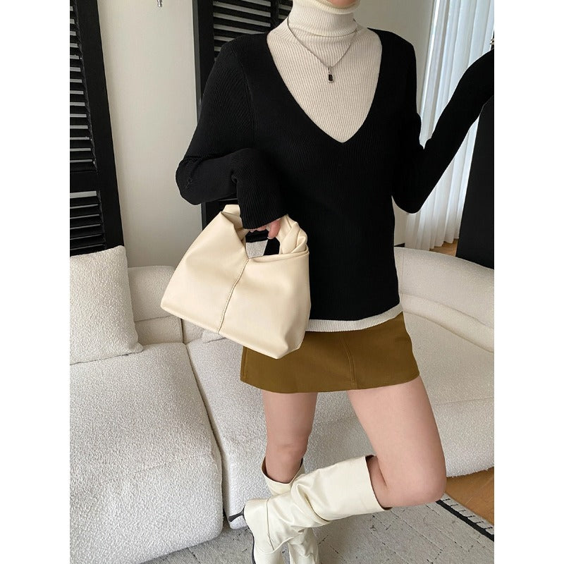 Fashionable Layered Color-Blocking Mock Two-Piece Turtleneck Slim Fit Long Sleeve Knit Top