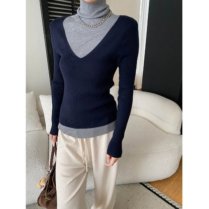 Fashionable Layered Color-Blocking Mock Two-Piece Turtleneck Slim Fit Long Sleeve Knit Top