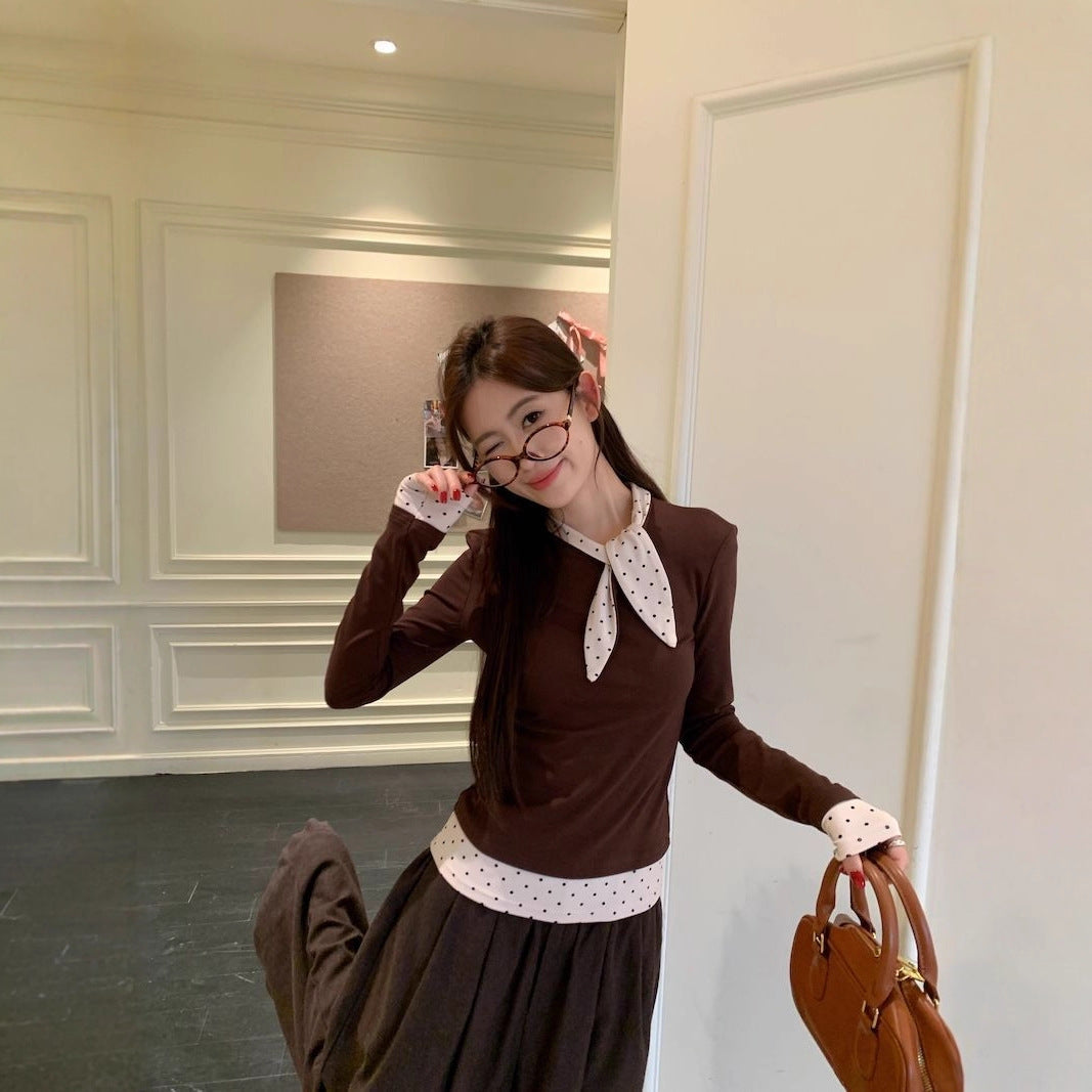 Chic Vintage Polka Dot Long Sleeve Top for Women, Slim Fit, Casual Style