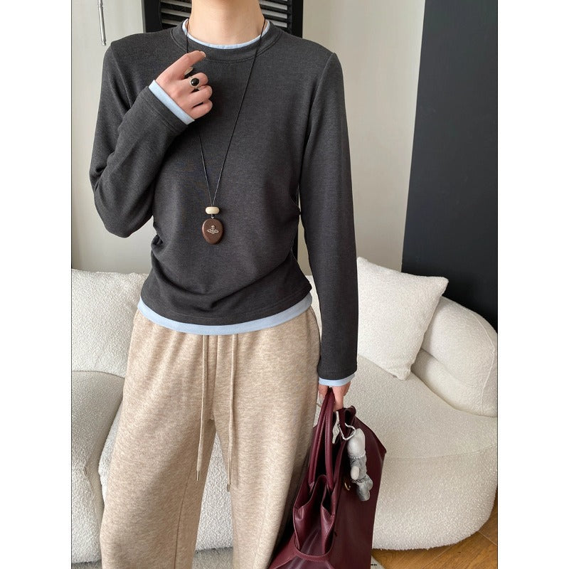 Fashionable Pleated Waist Cinched Two-Piece Color-Blocking T-Shirt Top