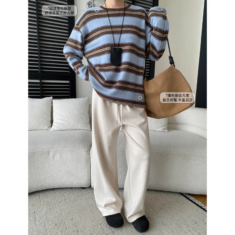 Laid-back Vibe American Color-block Stripe Crewneck Loose Slim Fit Brushed Long Sleeve T-shirt