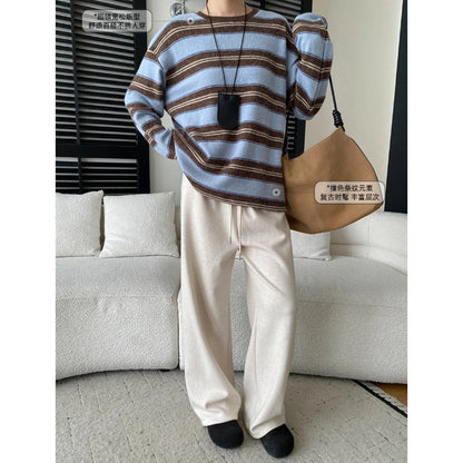 Laid-back Vibe American Color-block Stripe Crewneck Loose Slim Fit Brushed Long Sleeve T-shirt