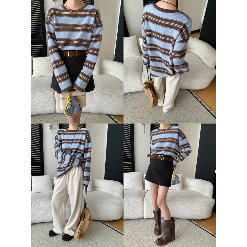 Laid-back Vibe American Color-block Stripe Crewneck Loose Slim Fit Brushed Long Sleeve T-shirt