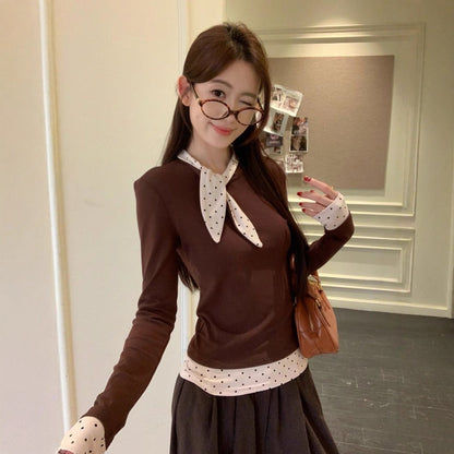 Chic Vintage Polka Dot Long Sleeve Top for Women, Slim Fit, Casual Style