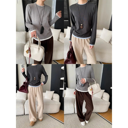 Fashionable Pleated Waist Cinched Two-Piece Color-Blocking T-Shirt Top