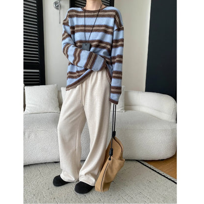 Laid-back Vibe American Color-block Stripe Crewneck Loose Slim Fit Brushed Long Sleeve T-shirt