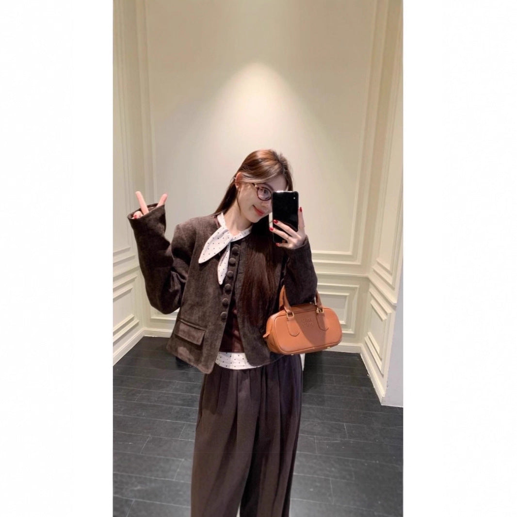 Chic Vintage Polka Dot Long Sleeve Top for Women, Slim Fit, Casual Style