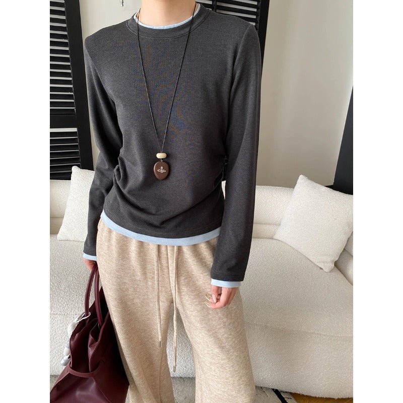 Fashionable Pleated Waist Cinched Two-Piece Color-Blocking T-Shirt Top