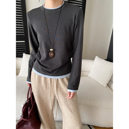 Fashionable Pleated Waist Cinched Two-Piece Color-Blocking T-Shirt Top