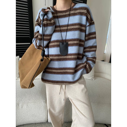 Laid-back Vibe American Color-block Stripe Crewneck Loose Slim Fit Brushed Long Sleeve T-shirt